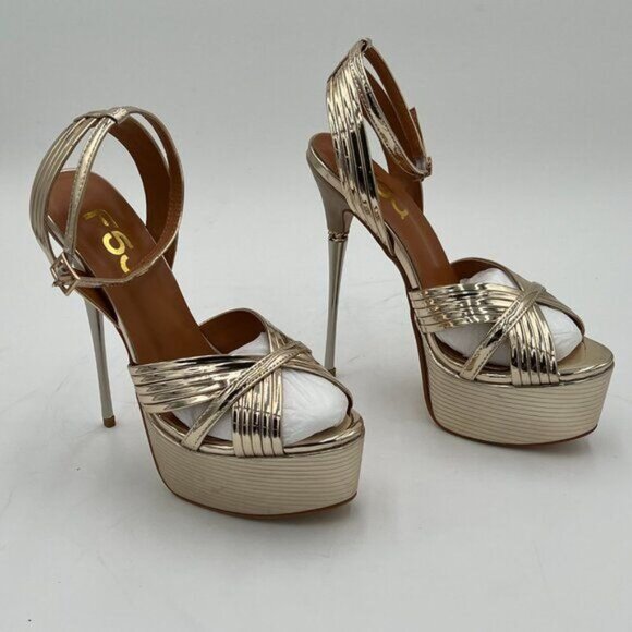 FSJ Gold Lines Strappy Open Toe Platform Ankle Strap High Metallic Heel Sandals - Picture 4 of 6
